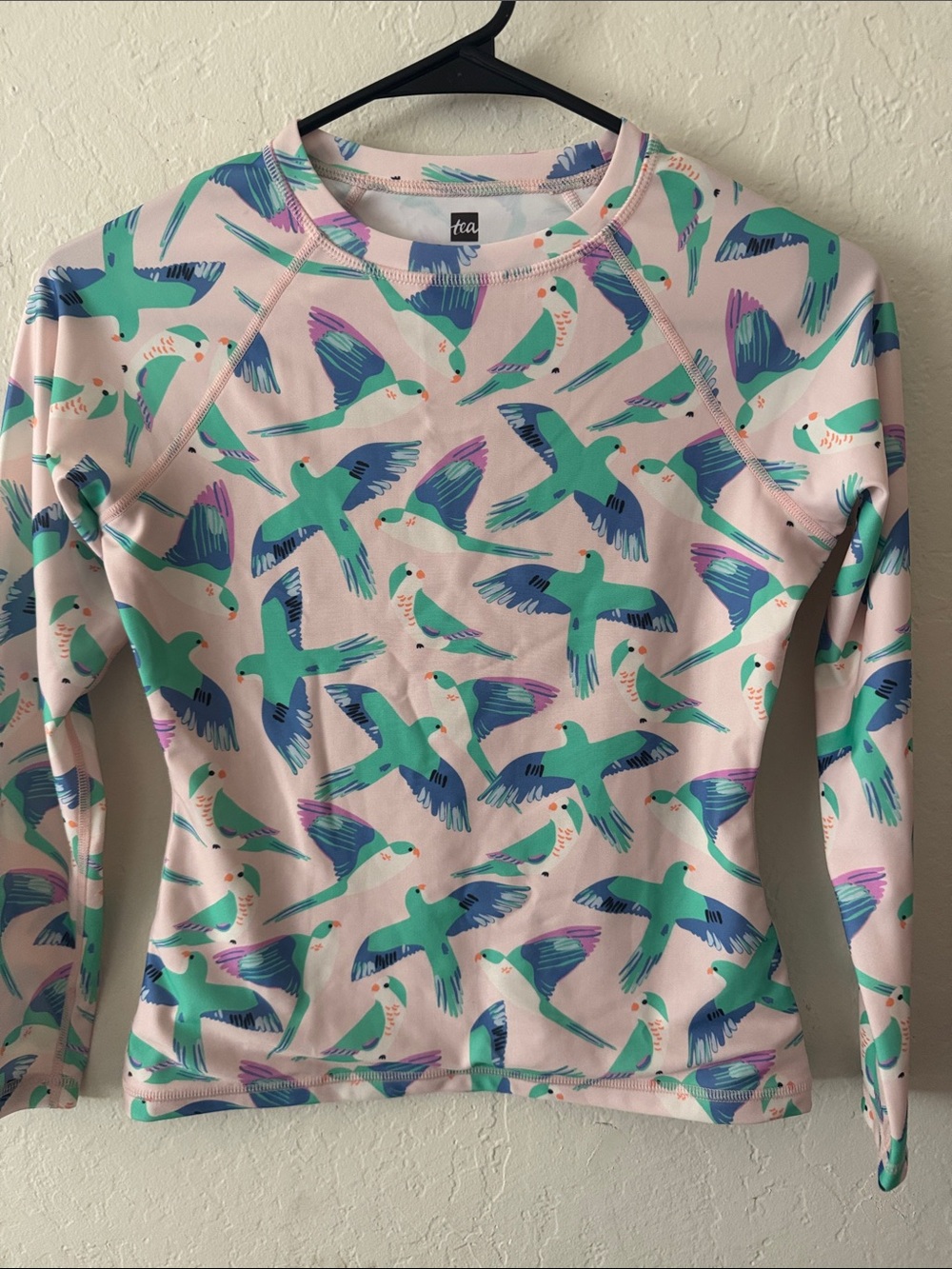 Tea Collection Pink Crewneck Rashguard with Teal & Blue Bird Print 12